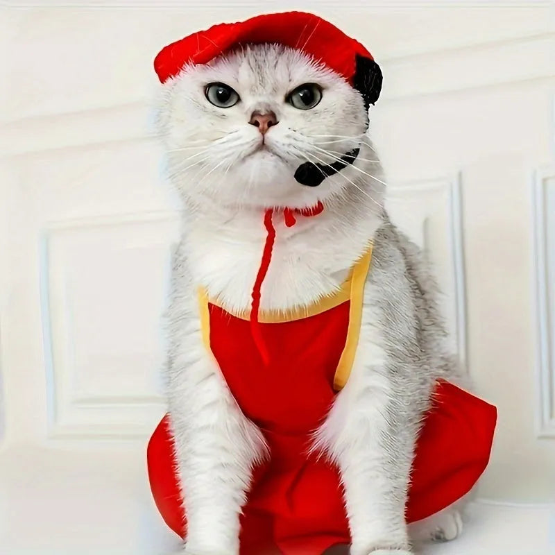 Handmade cotton knitted cat sweater with matching chef hat for birthday celebrations