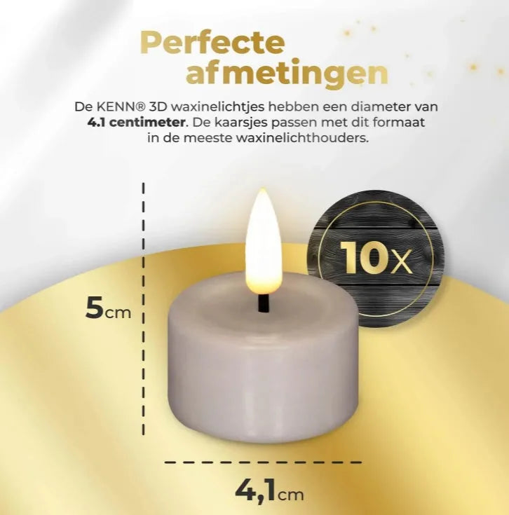 Four taupe-coloured LED tealight candles with glowing 3D flame effect on a dark surface.