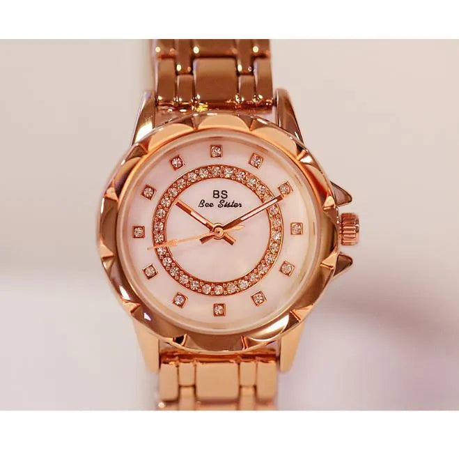 BS New Diamond Women's Watch with genuine diamond accents on a gold finish dial showing 3.2mm diameter