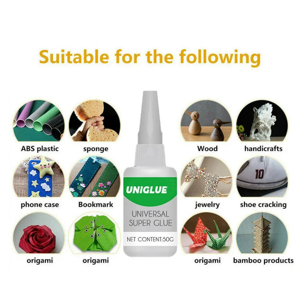 Uniglue Universal Super Glue tube with pin-point nozzle for no-drip application on various materials.