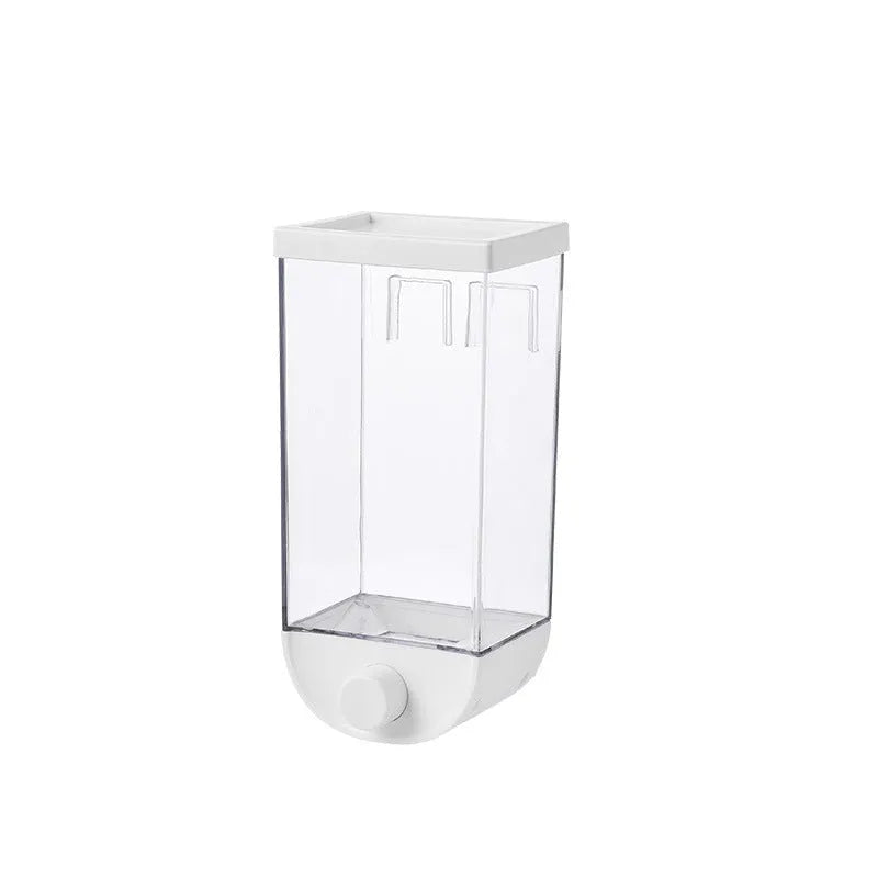 White transparent kitchen food storage box with easy press cereal dispenser lid.