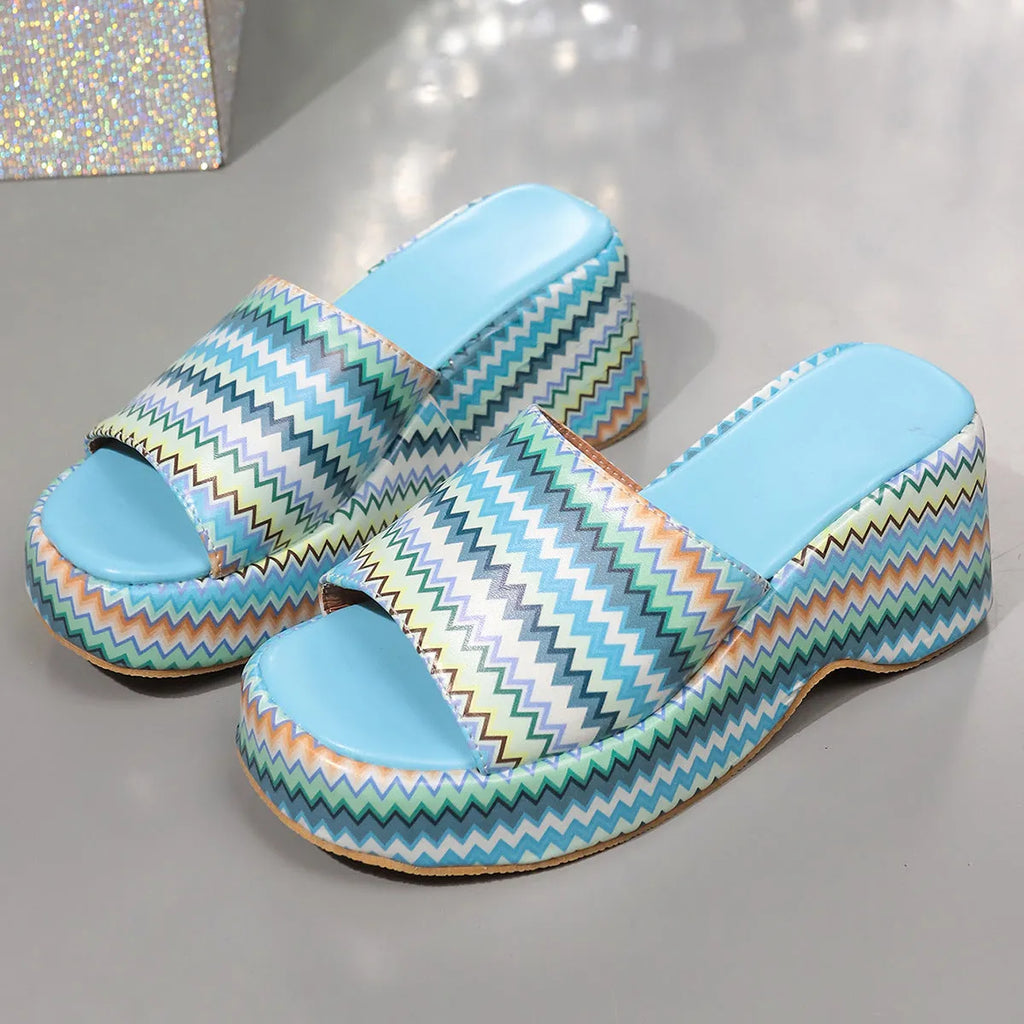 Women's wedge sandals with colourful wave print pattern and fish mouth toe design