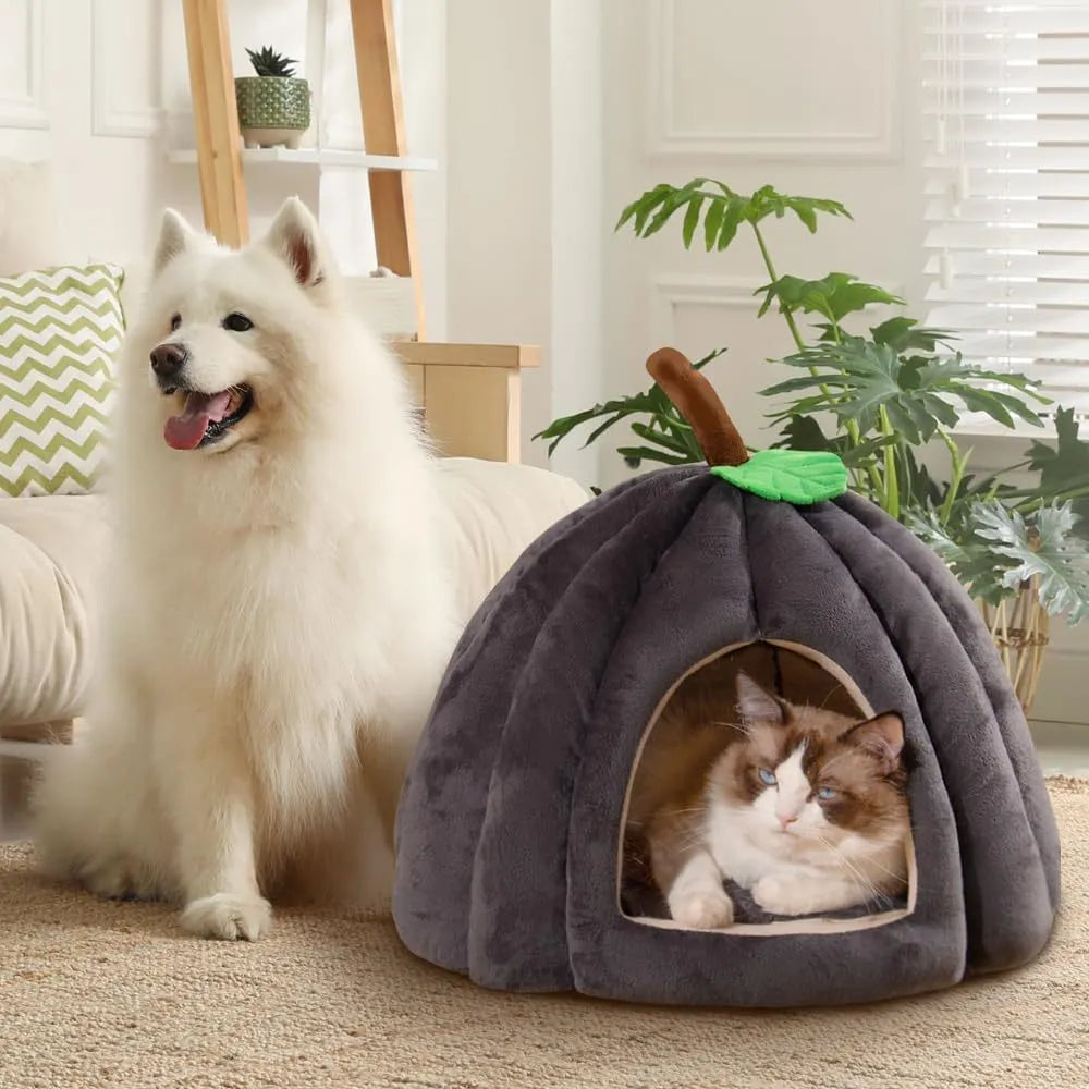 Pumpkin-shaped plush cat bed cave in blue, grey, or yellow with a removable interior mat.