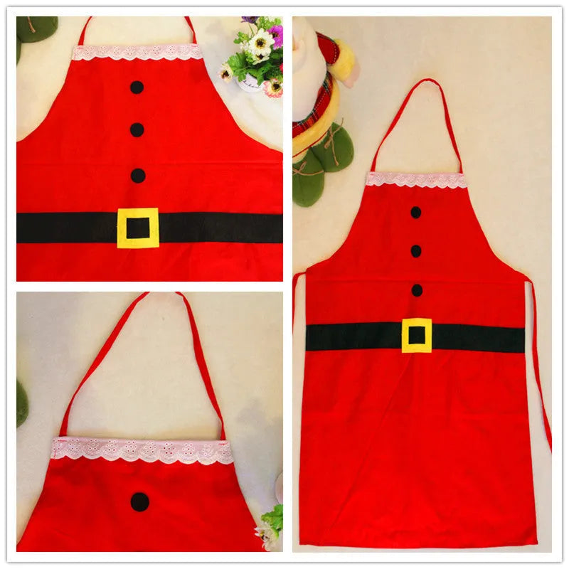 Red Christmas apron with 'Merry Christmas' text for adults and children in kitchen setting