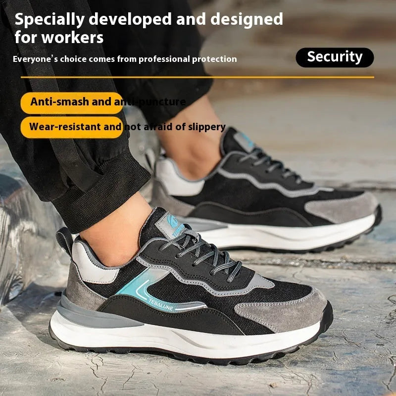 Men's low-top work shoes in Four Seasons colour with suede and mesh upper, steel toe cap, and lace-up fastening.