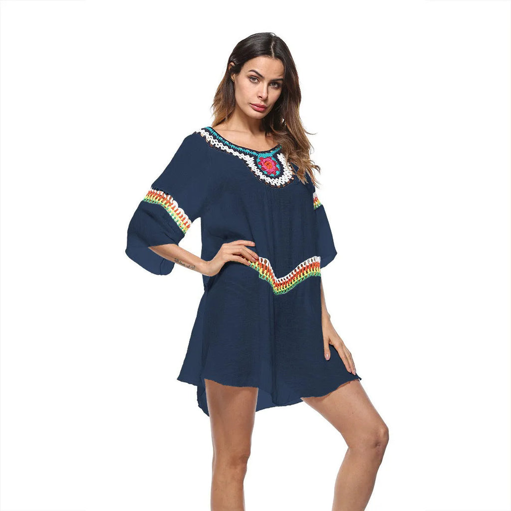 Women's crocheted ethnic style beach clothing set for swimming, shown in apricot colour.