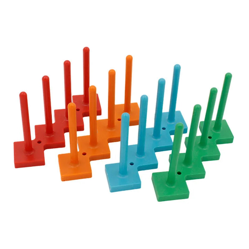 Plastic sewing machine bobbin storage rack with magnetic wire core bracket and four columns in blue, green, orange, red