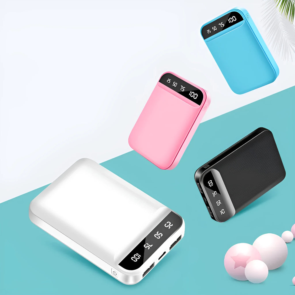 Compact portable power bank with polymer lithium-ion battery and multiple USB charging ports
