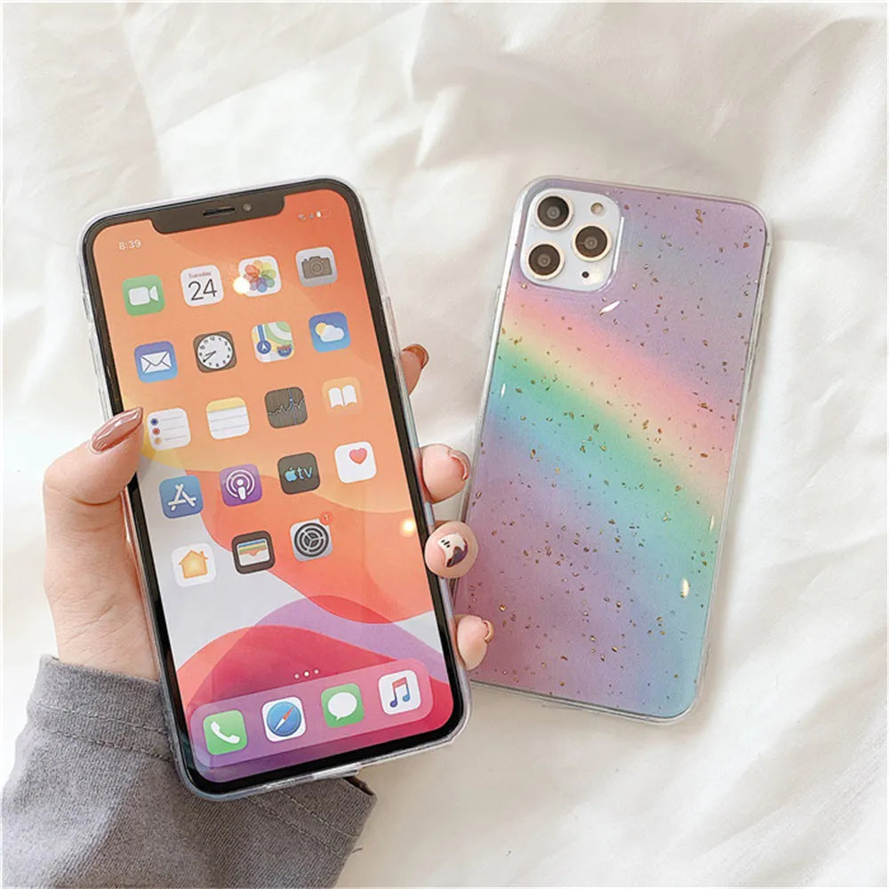 Rainbow gradient striped TPU protective case for iPhone, showing Japanese-Korean style design.