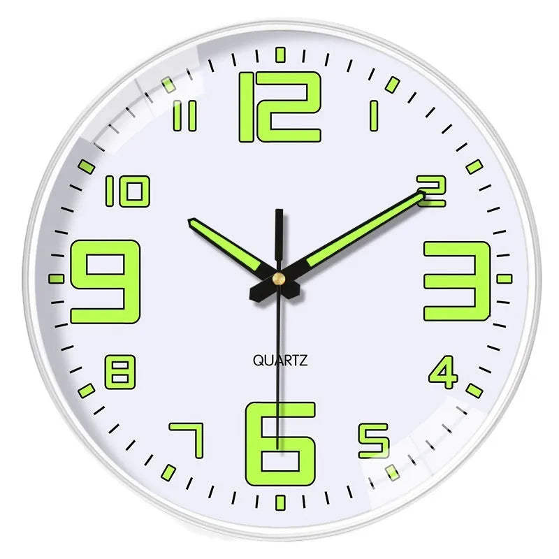 Modern luminous wall clock with plastic shell, 20cm diameter, shown in a room setting.