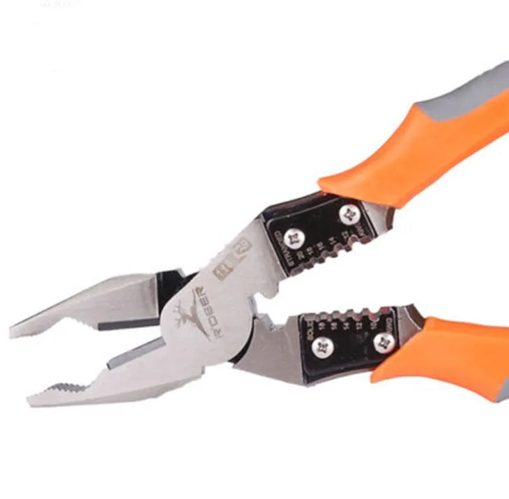 Orange multi-function wire cutter pliers with alloy steel head and textured PVC handle