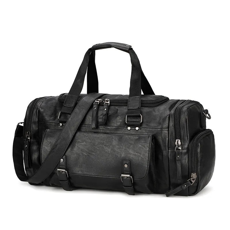 Black large capacity travel bag with separate shoe compartment, closed view.