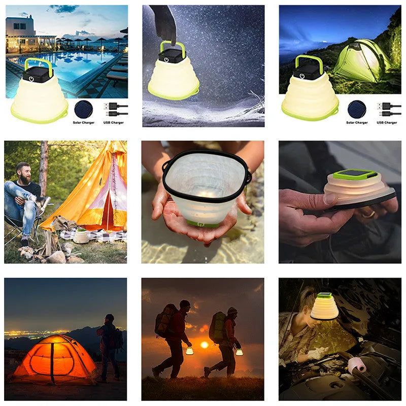 Collapsible IP68 waterproof solar camping light folded to 2.5cm thickness with USB charging port