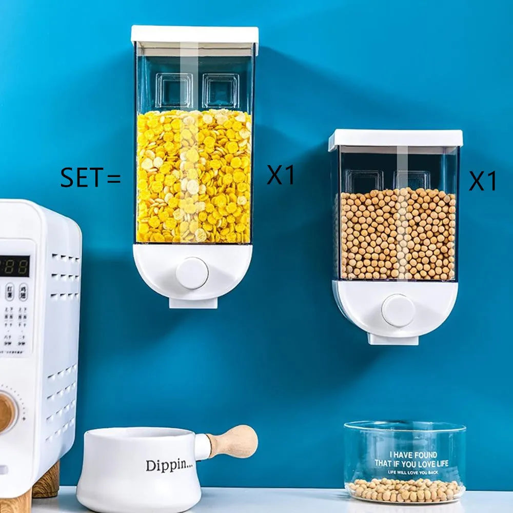 White transparent kitchen food storage box with easy press cereal dispenser lid.