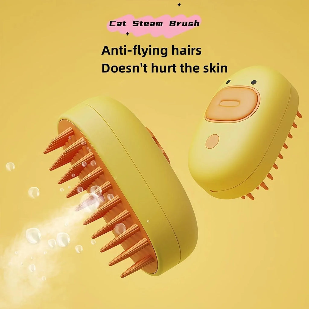 White or yellow rechargeable steam pet brush for dogs and cats on a plain background