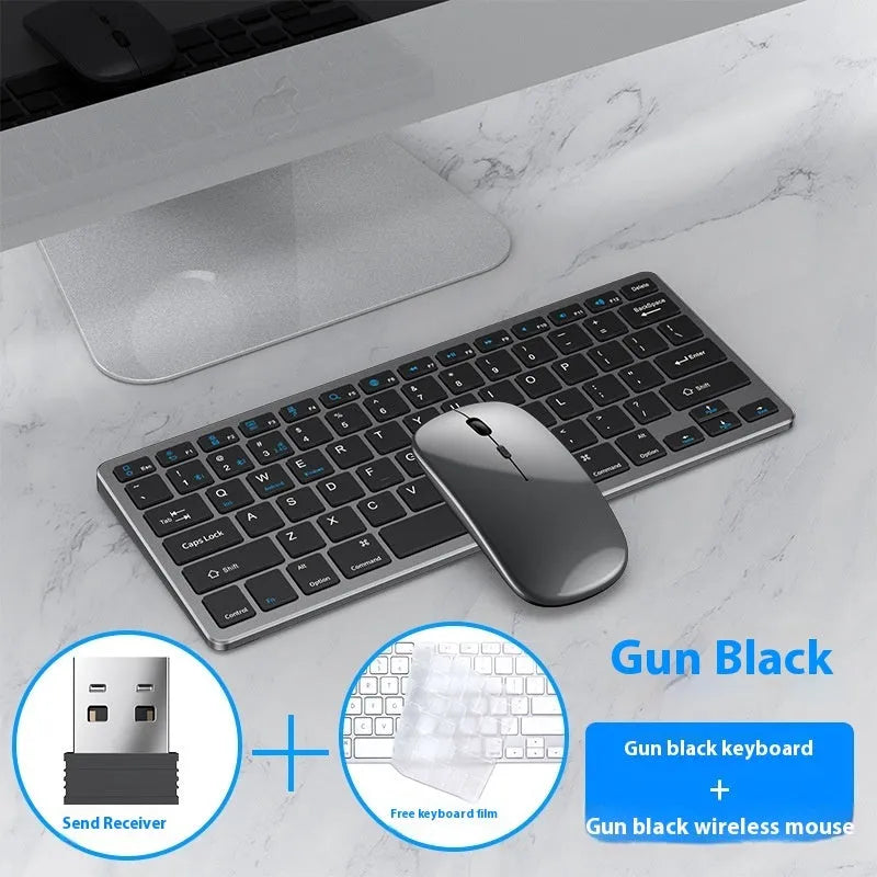 Ultra-thin black wireless keyboard and mouse combo with receiver and cover on a desk.