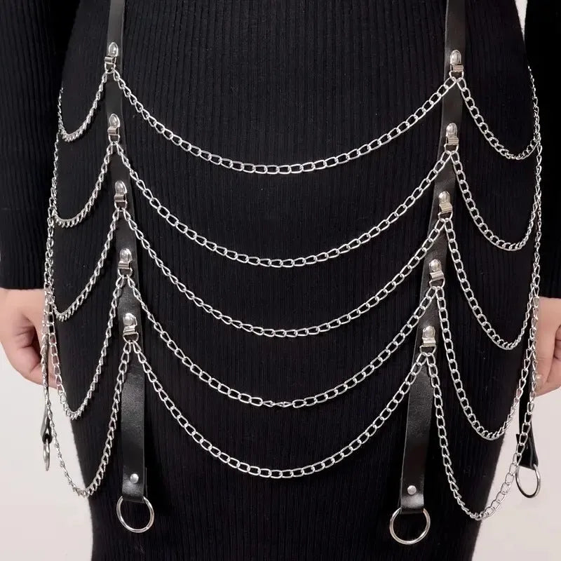 Black PU leather waist chain with bandage binding design for women's decorative clothing ornament
