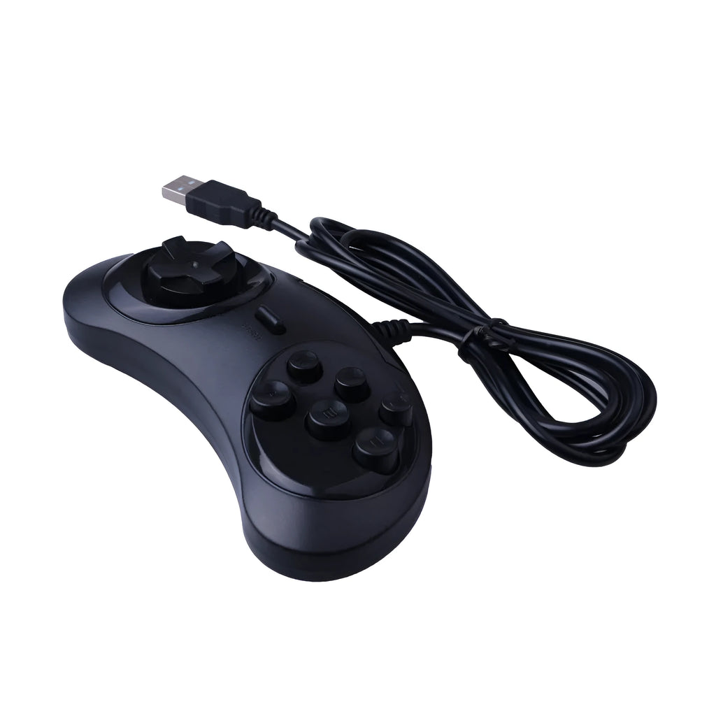 Black Sega USB PC game controller with 1.8 metre cable showing dimensions 15.5 x 8.5 x 2.5 cm