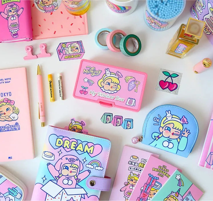 Box containing 16 cute square cartoon stickers in Korean comics style for DIY decoration.