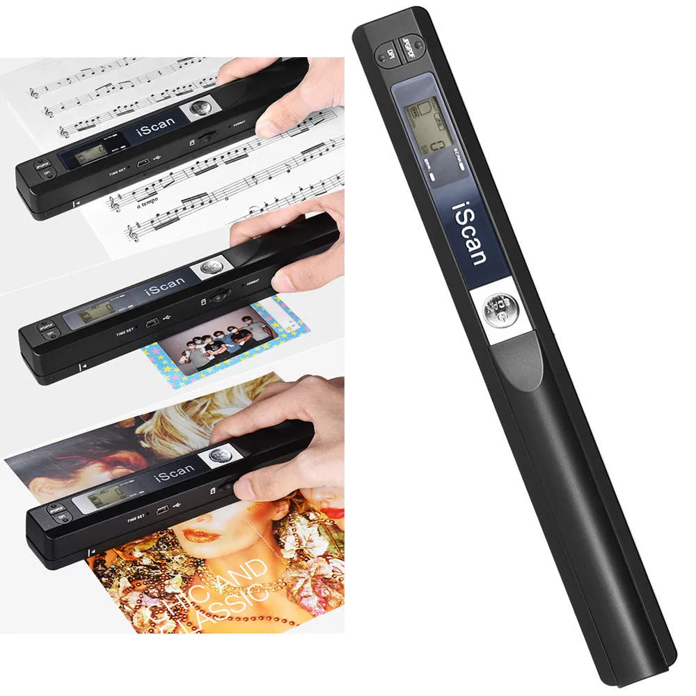 Handheld barcode scanner with plastic body shown in black, blue, green, red, and silver colour options.