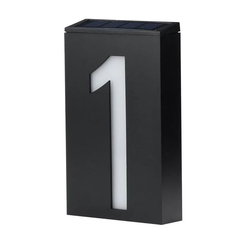 Solar powered outdoor house number light with large numeral, IP65 waterproof rating, and wall mount.