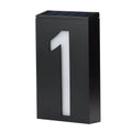 Solar powered outdoor house number light with large numeral, IP65 waterproof rating, and wall mount.