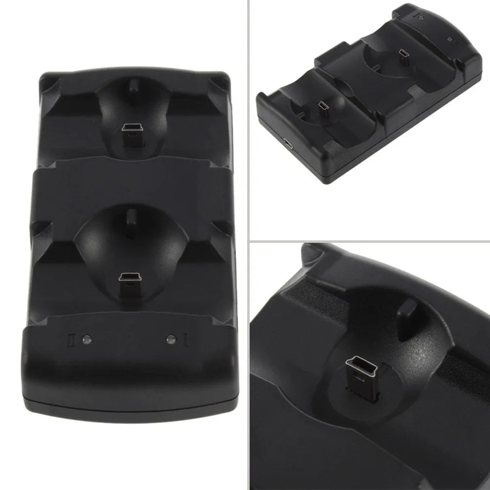 Black dual USB charging dock for PlayStation 3 controllers and PS3 Move on a table