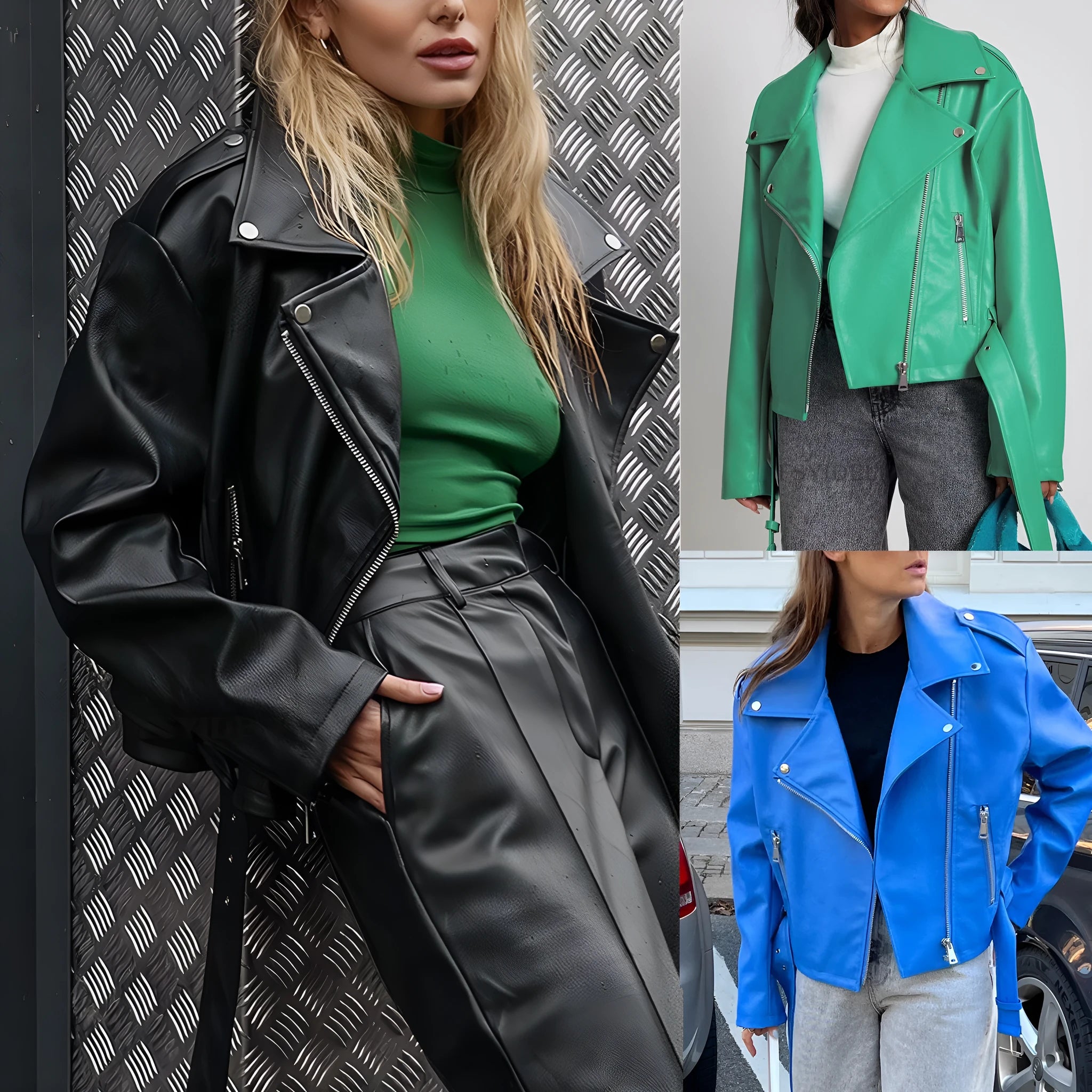 Black punk style short jacket with a belt-fastened lapel and Peter Pan collar.
