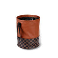 Retractable leather interior car trash can with handle in folded and extended positions