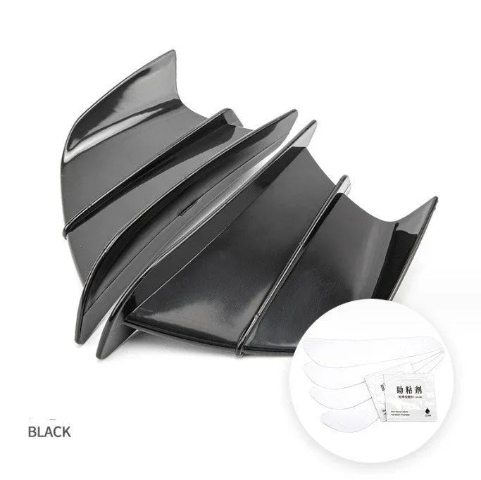 Motorcycle spoiler wing accessories in four different pattern finishes showing 18cm by 8cm dimensions