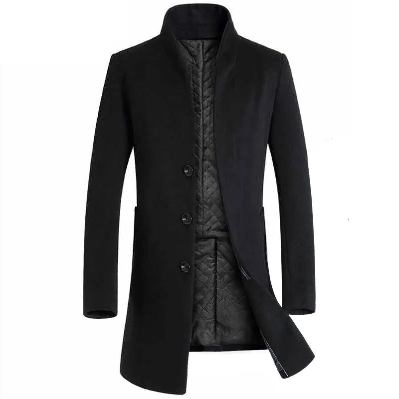 Men's mid-length slim fit hooded cotton blend trench coat in 825 navy blue with lapel collar and multi-pockets
