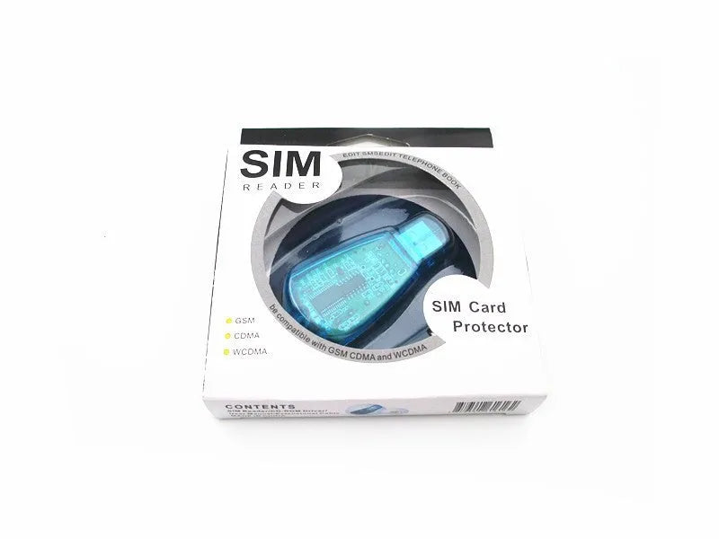 Blue external USB 2.0 mobile phone SIM card reader on a white background.