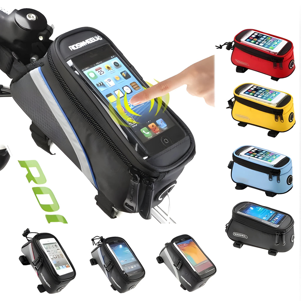 ROSWHEEL black bicycle frame bag mounted on bike, holding an iPhone, showing size scale.