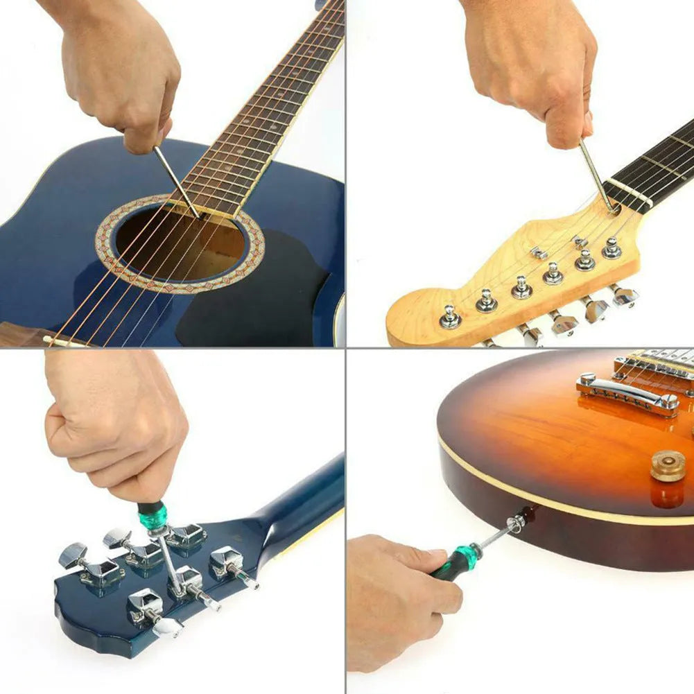 Black guitar repair tool kit open to show tools, next to an acoustic guitar.