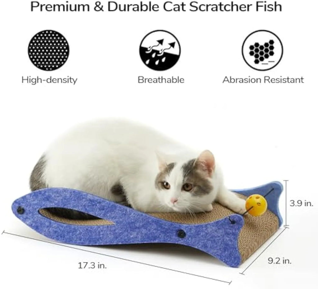 Blue fish-shaped cardboard cat scratcher lounge with a dangling bell ball toy.