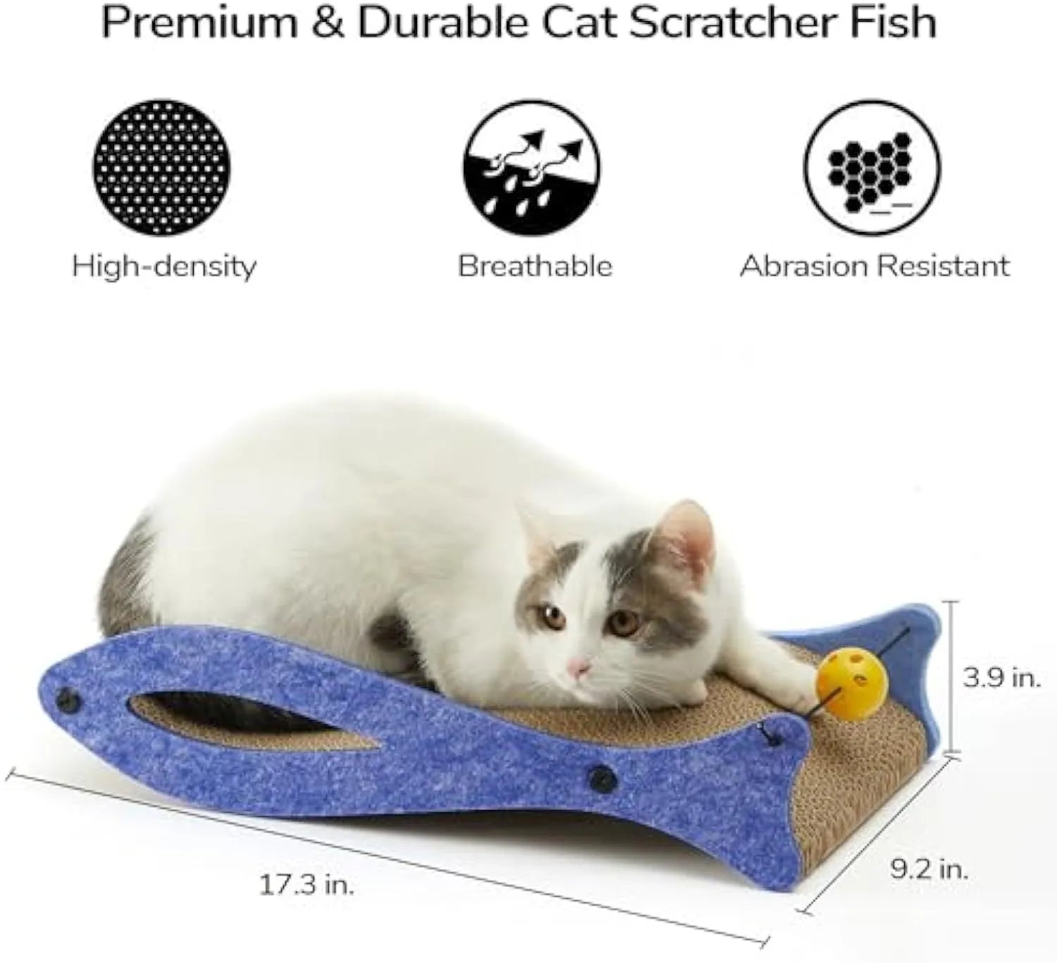 Blue fish-shaped cardboard cat scratcher lounge with a dangling bell ball toy.