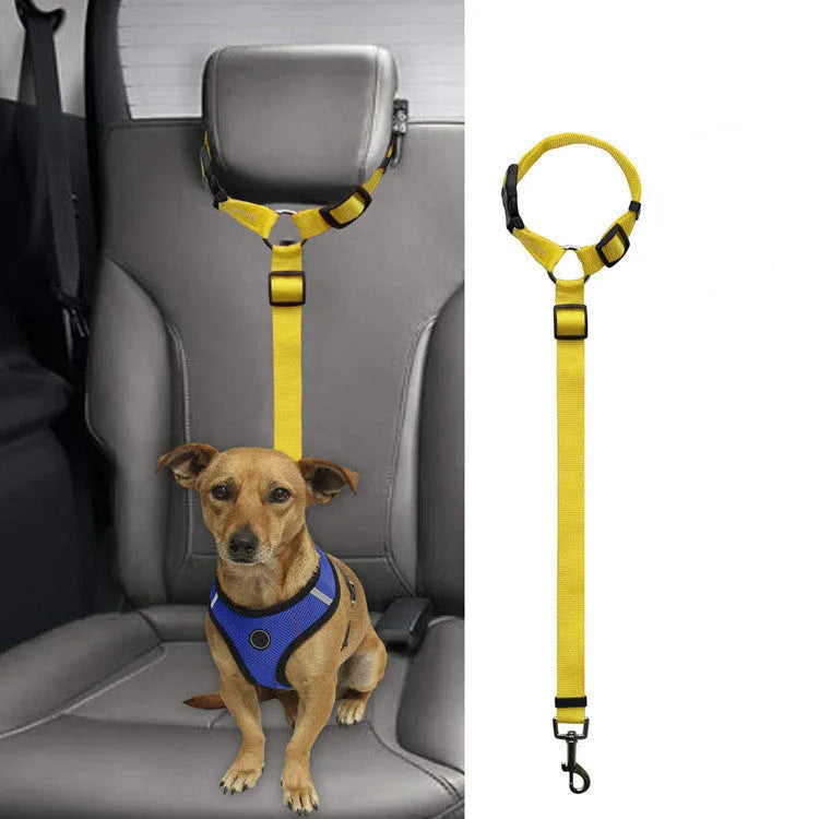 Car backseat pet leash for dogs made from polyester in nine colour options attached to a vehicle seatbelt