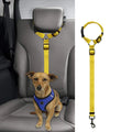 Car backseat pet leash for dogs made from polyester in nine colour options attached to a vehicle seatbelt