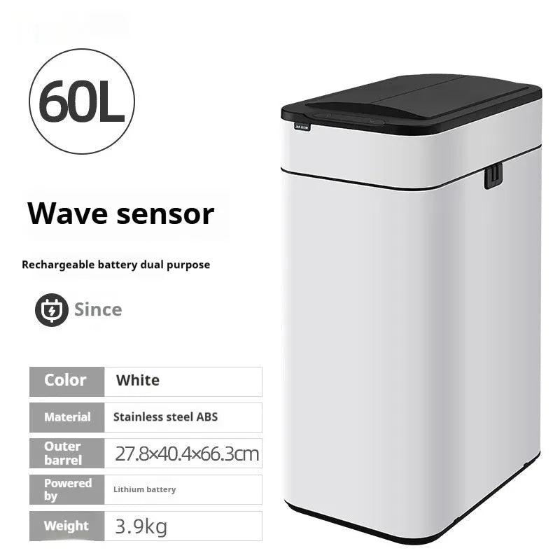 Stainless steel square smart trash can with induction sensor lid and deodoriser.