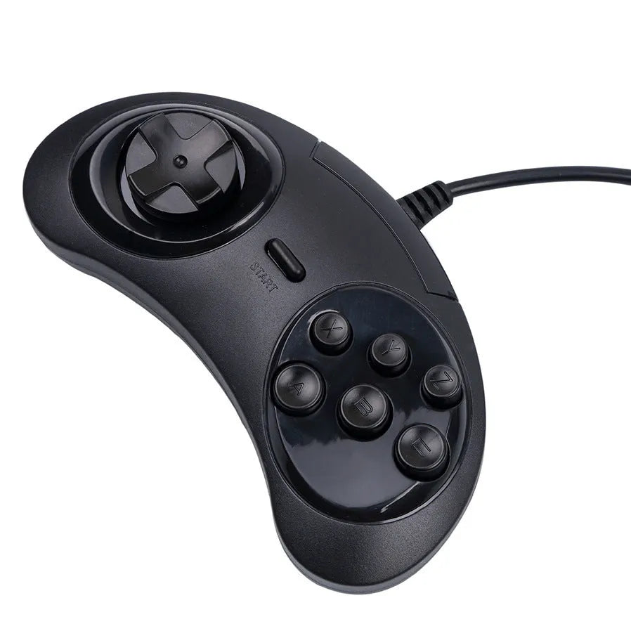 Black Sega USB PC game controller with 1.8 metre cable showing dimensions 15.5 x 8.5 x 2.5 cm