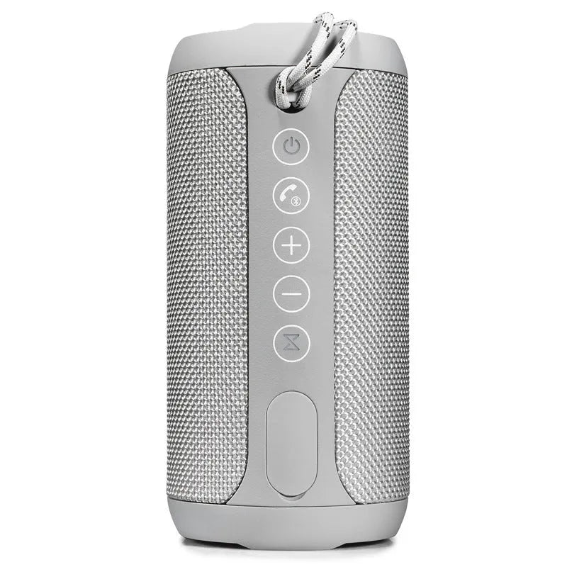 Outdoor waterproof portable Bluetooth speaker in black, camouflage, grey, or red colours.