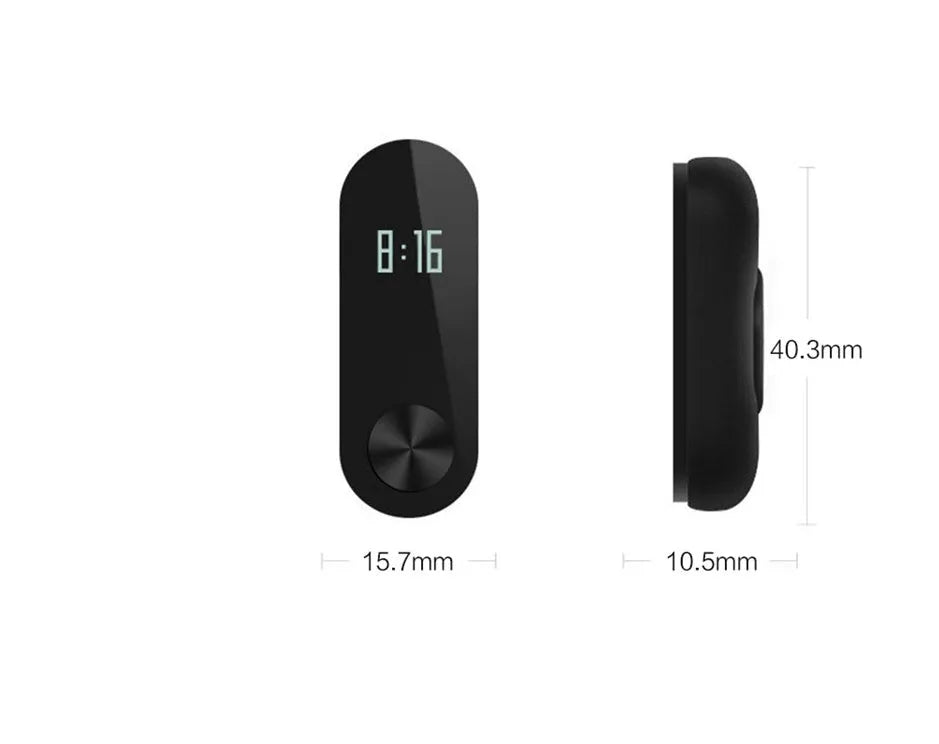 Xiaomi Mi Band 2 black fitness tracker on wrist showing OLED screen display.