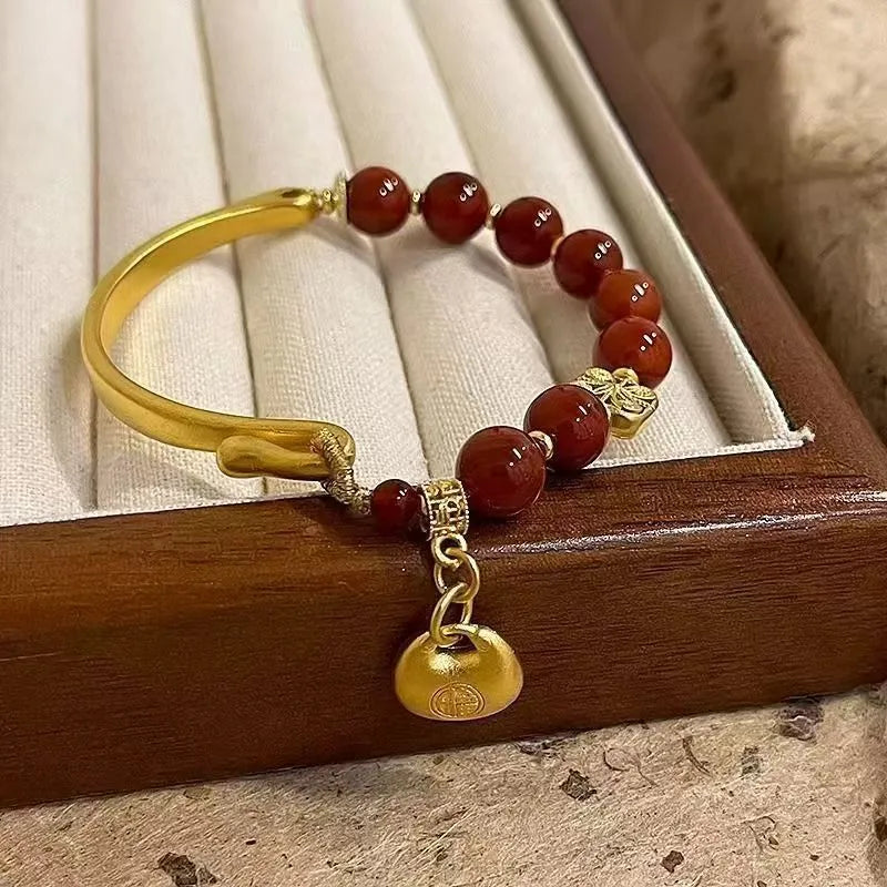 Golden South Red Agate character ingot half bracelet for women in antique style.