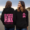 Breast Cancer Awareness retro print hoodie with side pockets in pink, white, khaki, or black.