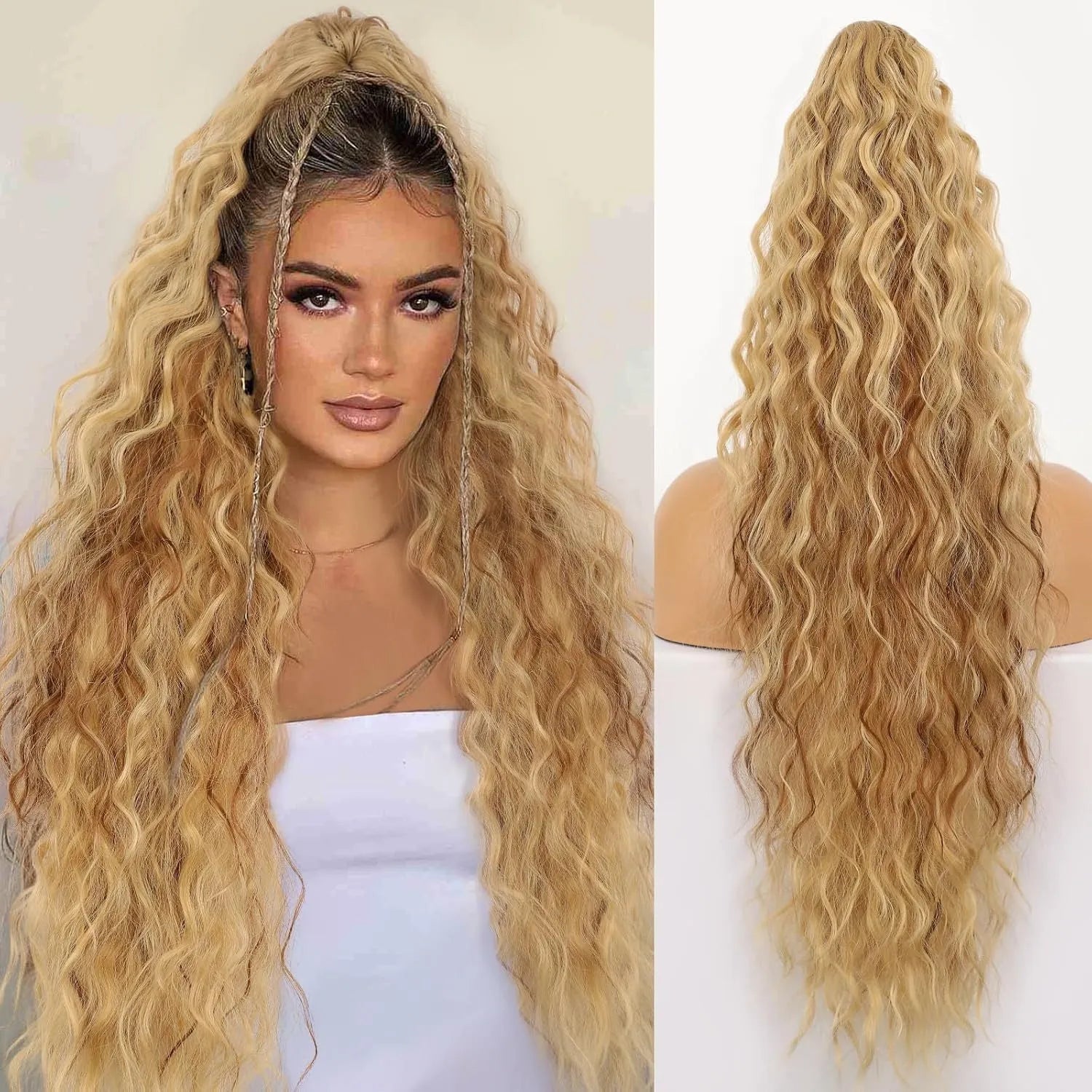 Long curly synthetic ponytail wig in high temperature fibre, 30 inches in length.
