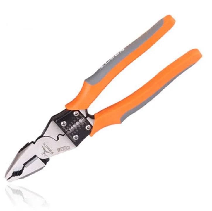 Orange multi-function wire cutter pliers with alloy steel head and textured PVC handle