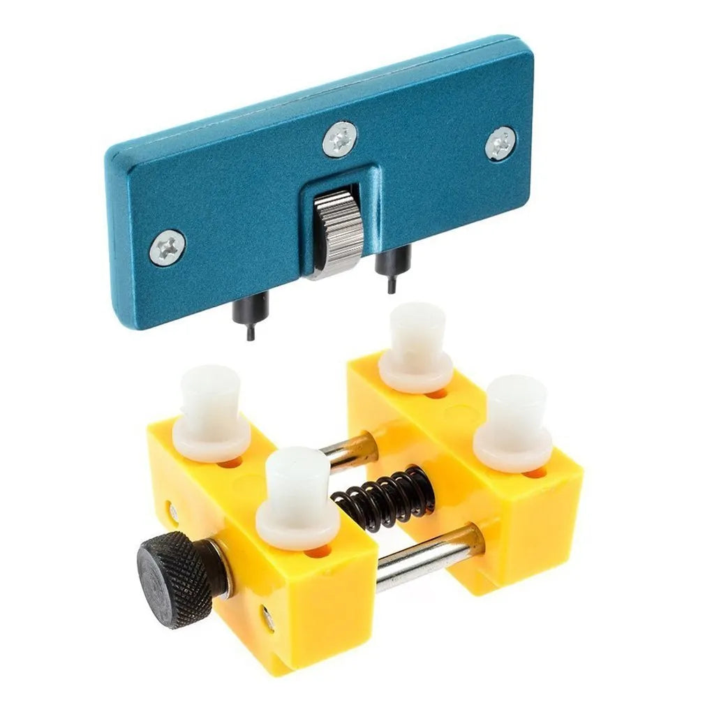 Yellow plastic watch repair kit with adjustable opener tool and fixing base