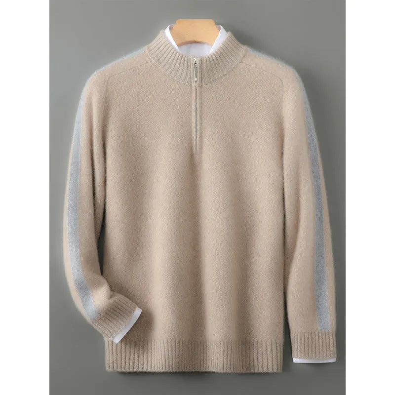Half zip round neck sheep wool knitted sweater in slim fit for plus sizes