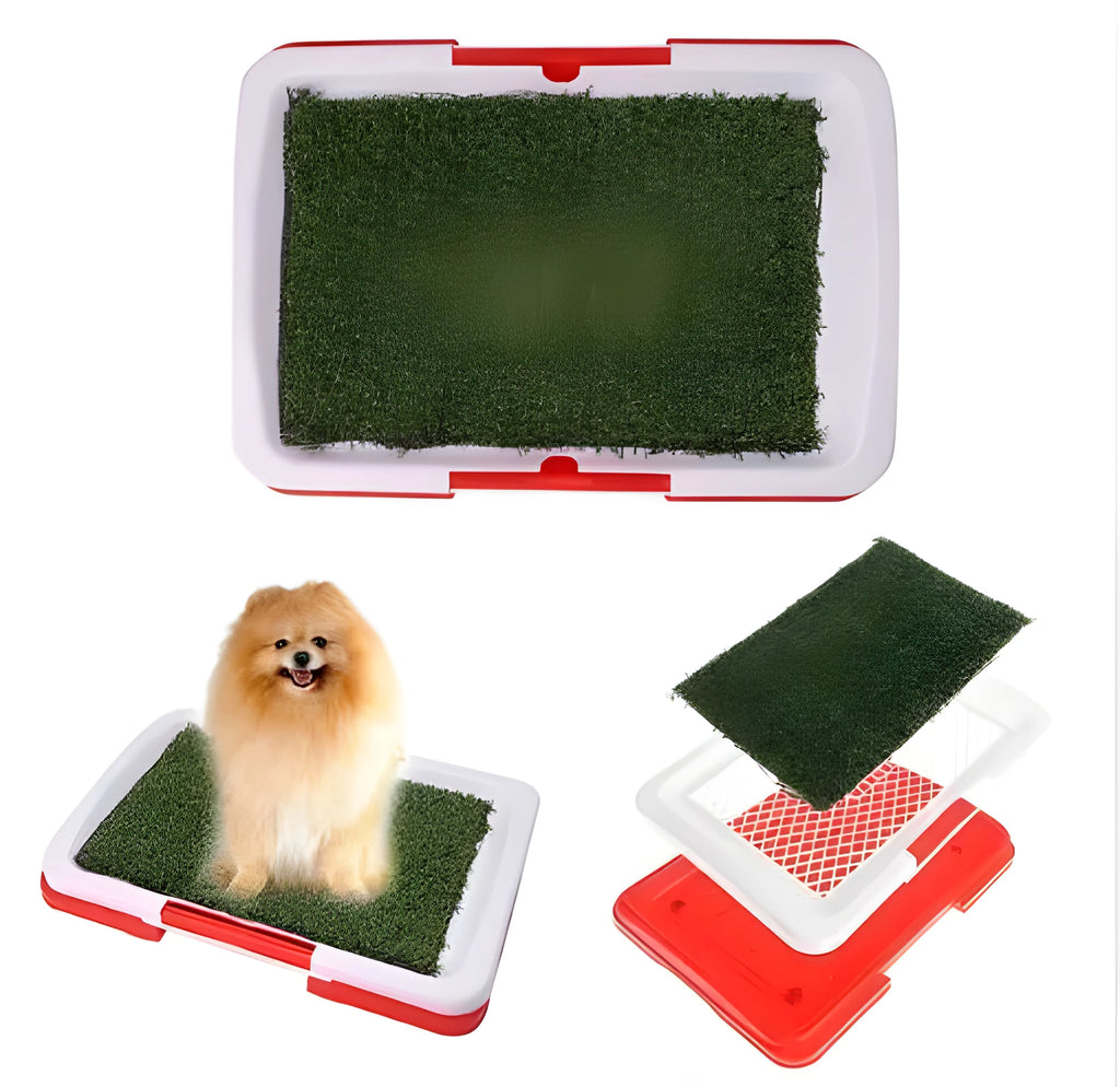 Red 3-layer large dog potty training pad with synthetic grass surface and raised tray edges