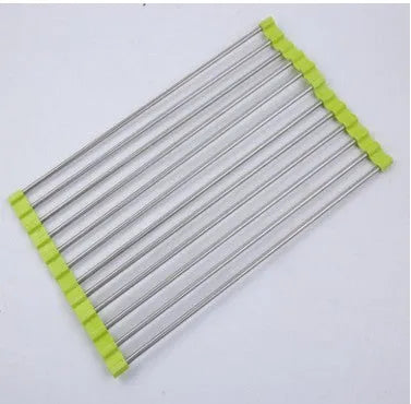 Folding stainless steel kitchen sink drying rack in red colour, shown extended for use.